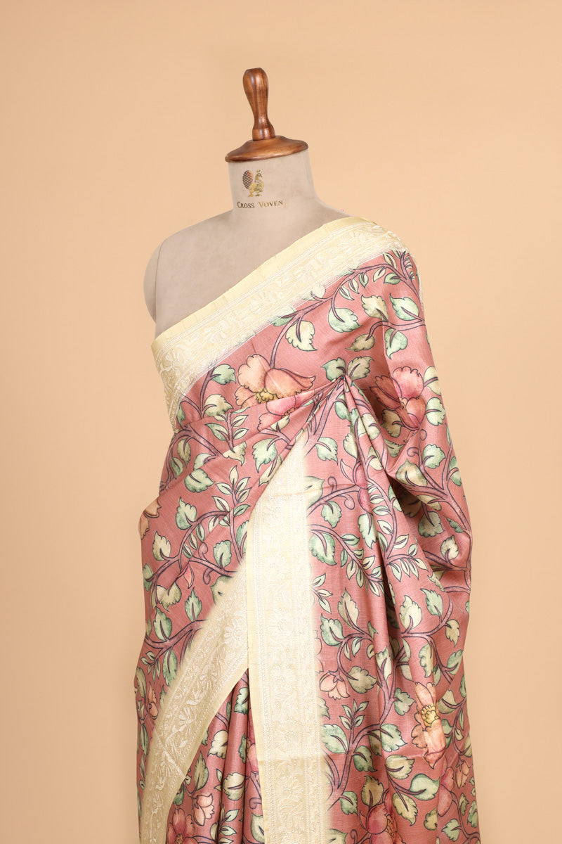 Blush Pink Floral Printed Pure Tussar Silk Saree with Embroidery Border