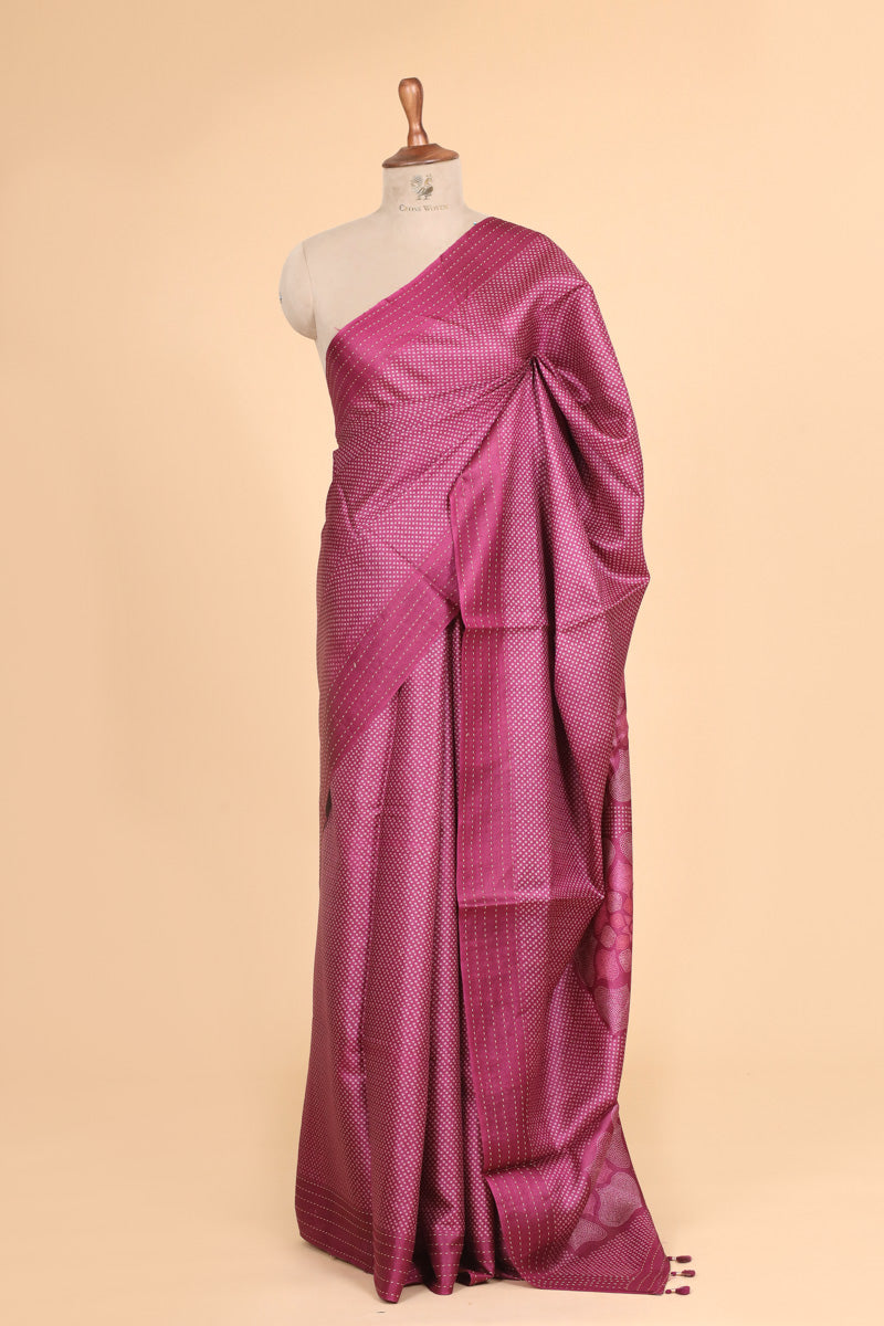 Magenta Pink Bandhani Printed Pure Tussar Silk Saree with Traditional Motifs