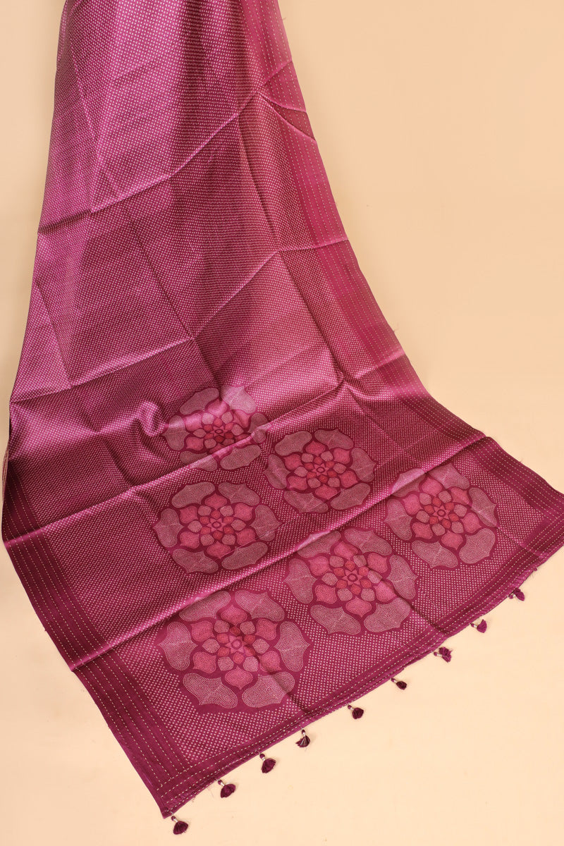 Magenta Pink Bandhani Printed Pure Tussar Silk Saree with Traditional Motifs