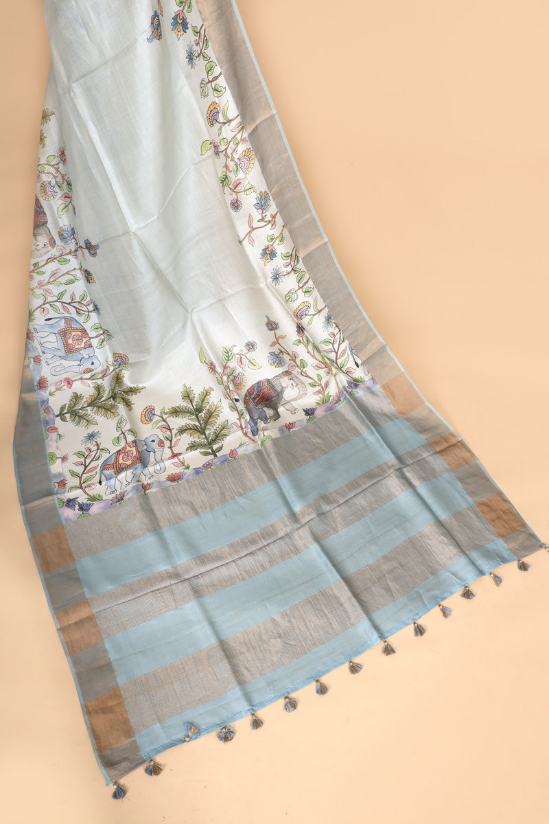Pastel Blue Printed Pure Tussar Silk Saree with Blue Zari Border