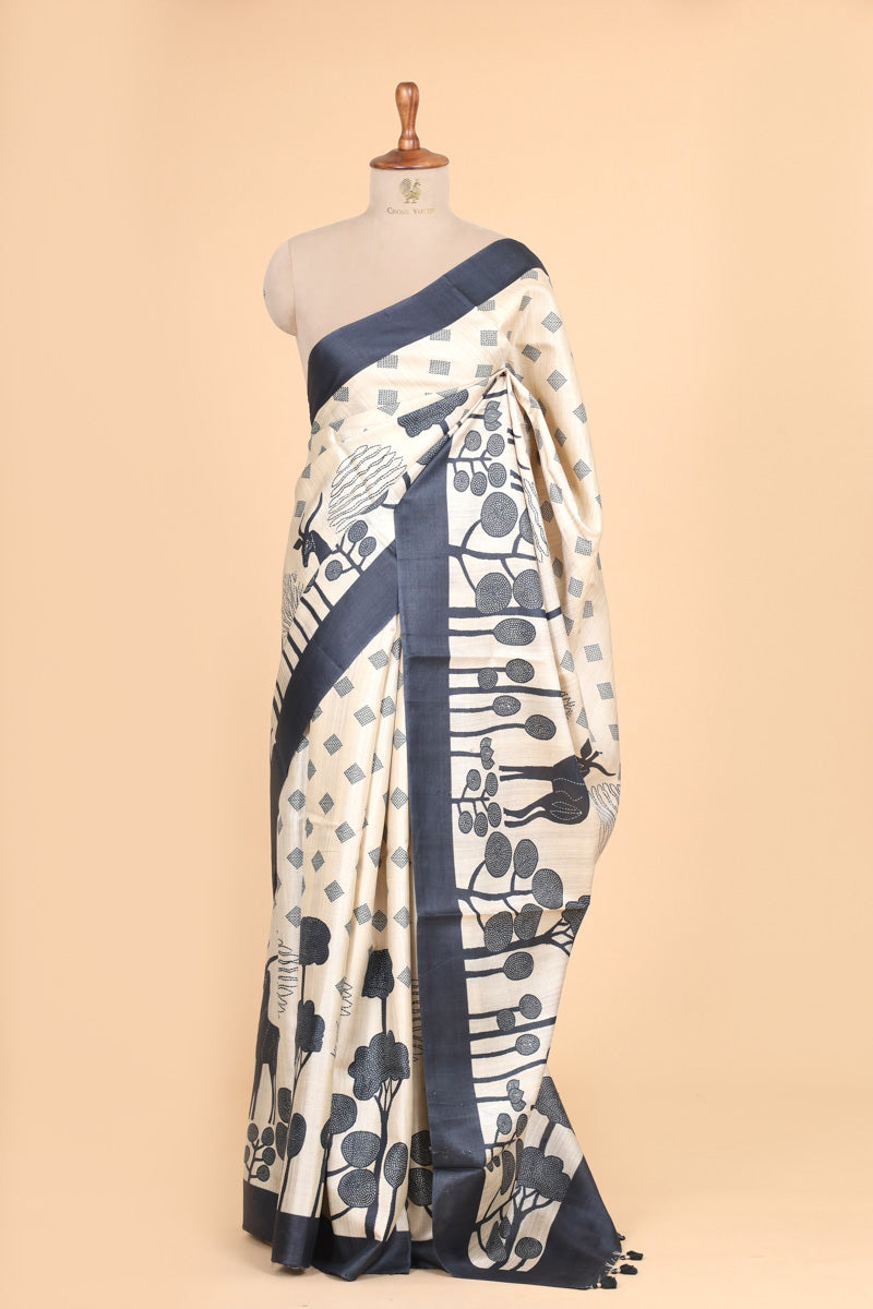 Ivory Black Printed Pure Tussar Silk Saree with Contrast Border