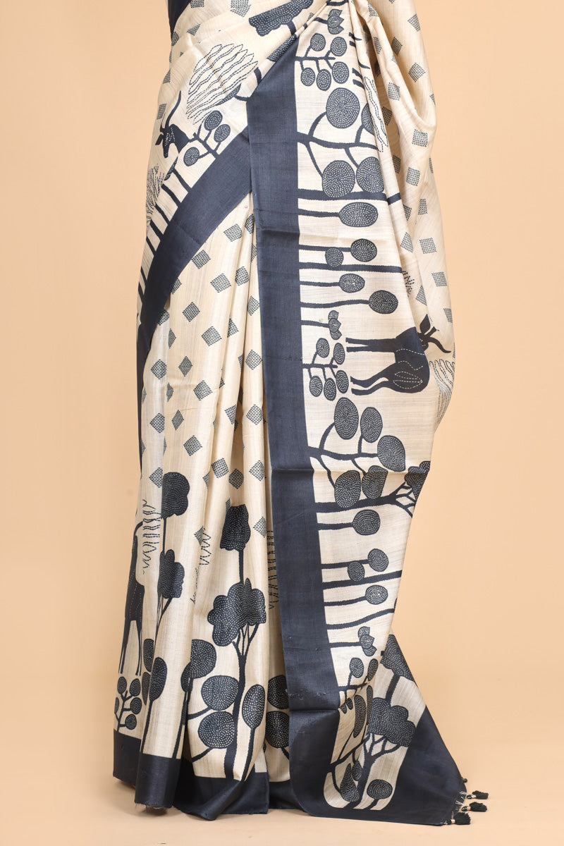 Ivory Black Printed Pure Tussar Silk Saree with Contrast Border