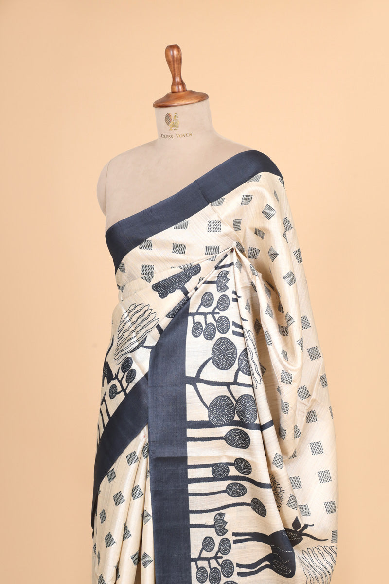 Ivory Black Printed Pure Tussar Silk Saree with Contrast Border