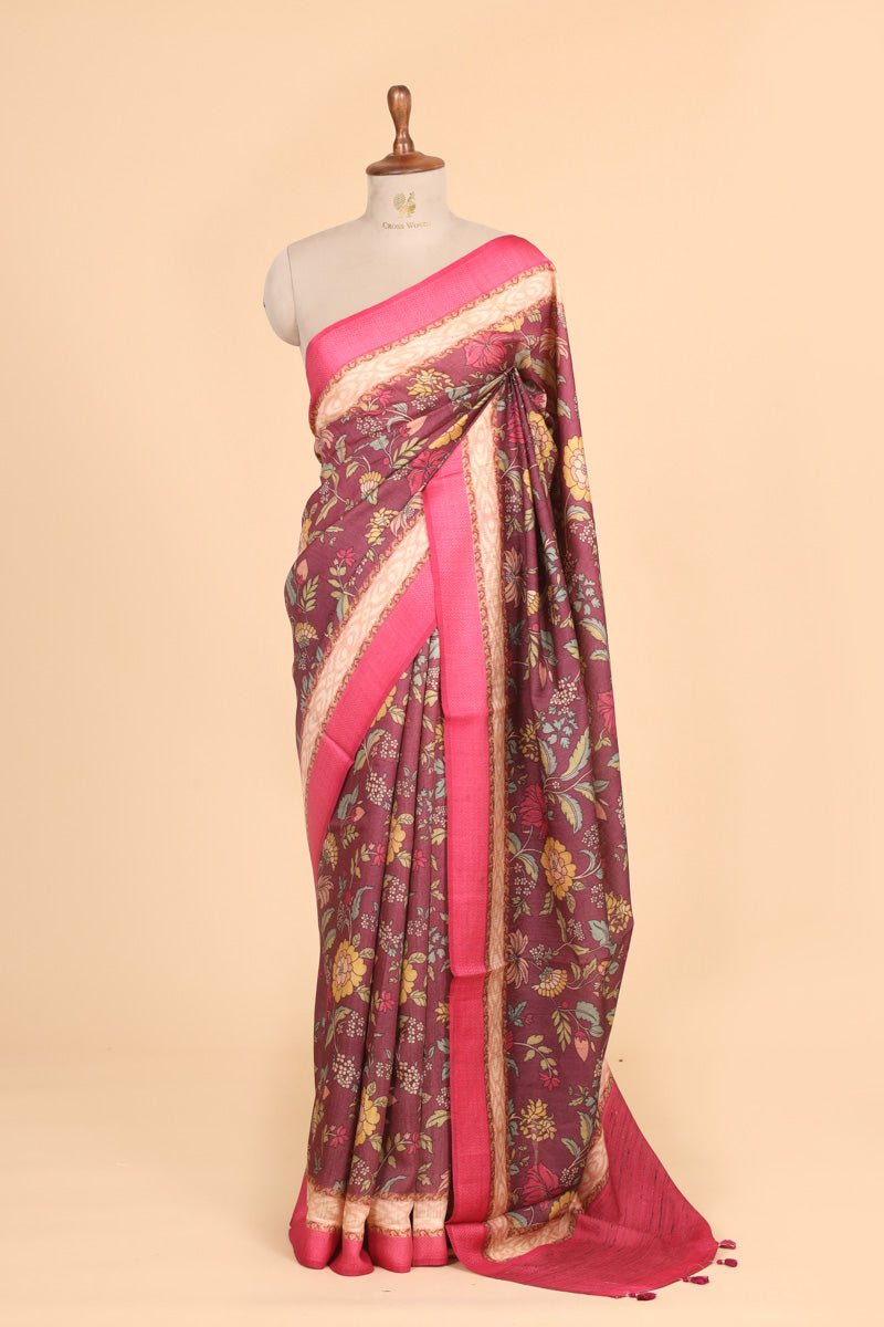 Maroon Floral Printed Pure Tussar Silk Saree with Pink Border