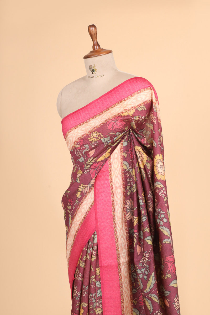 Maroon Floral Printed Pure Tussar Silk Saree with Pink Border