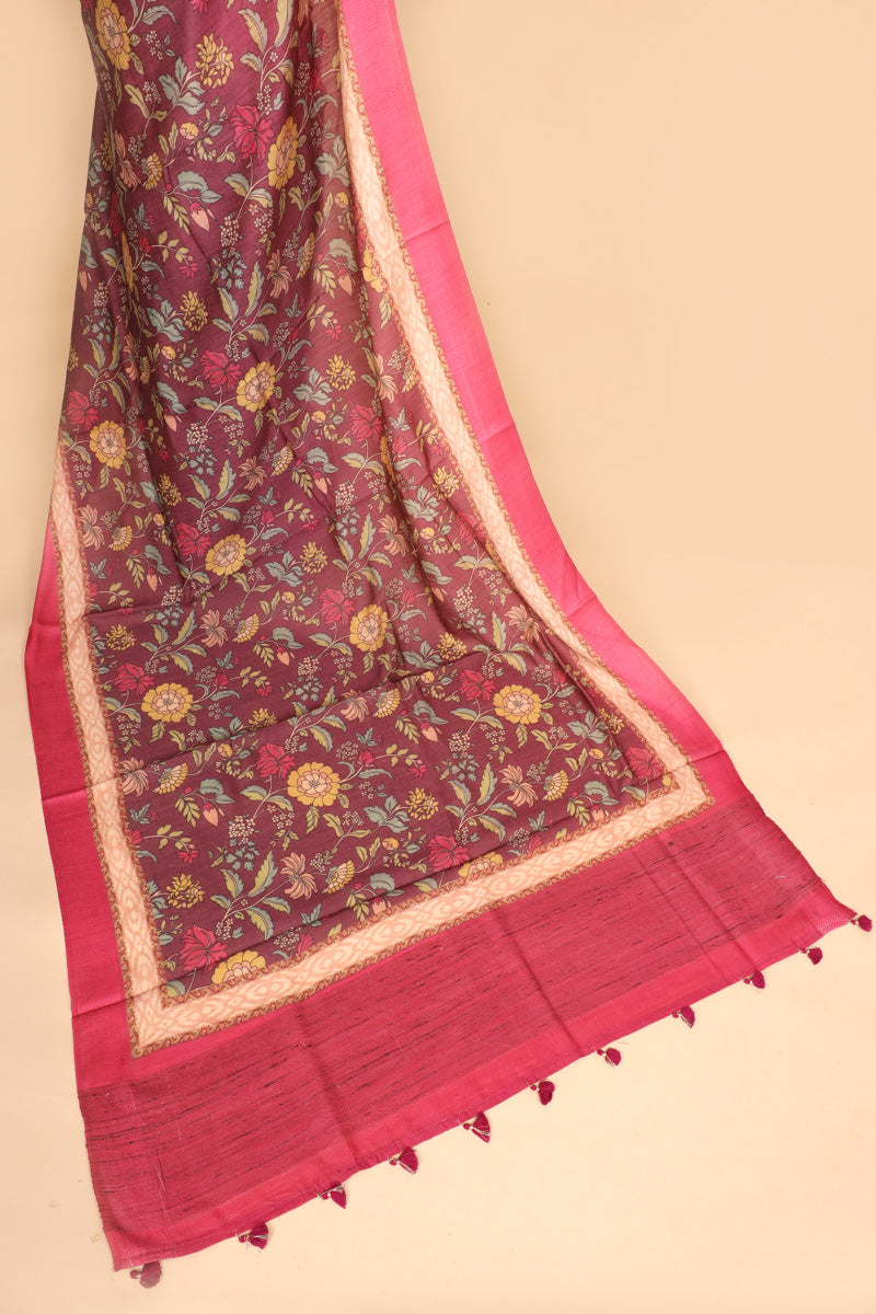 Maroon Floral Printed Pure Tussar Silk Saree with Pink Border
