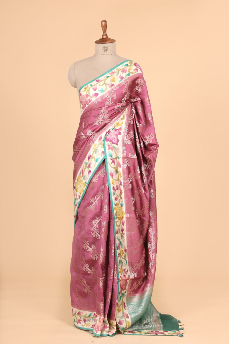 Dusty Rose Pink Pure Chiniya Silk Saree with Handbrush Geometric Border