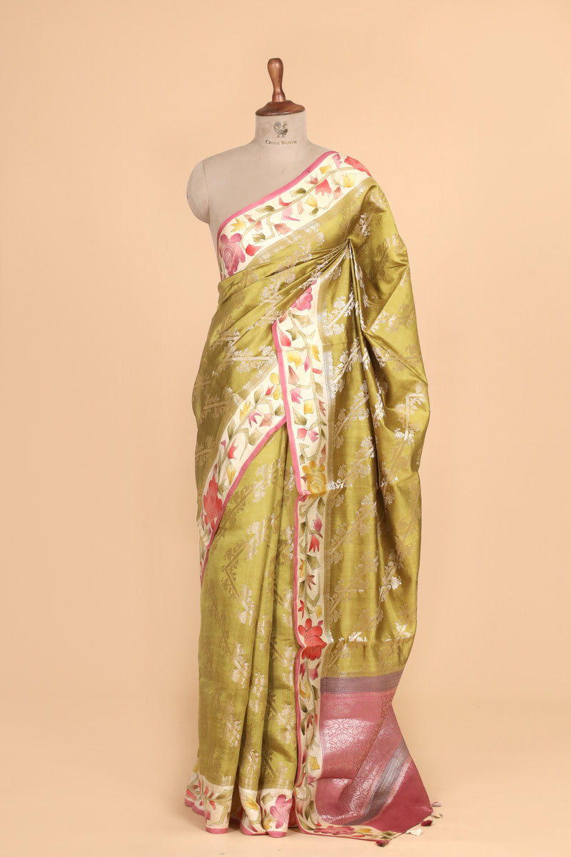 Lime Green Green Pure Chiniya Silk Saree with Handbrush Geometric Border