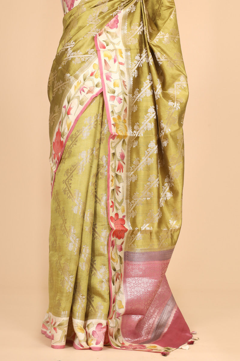 Lime Green Green Pure Chiniya Silk Saree with Handbrush Geometric Border