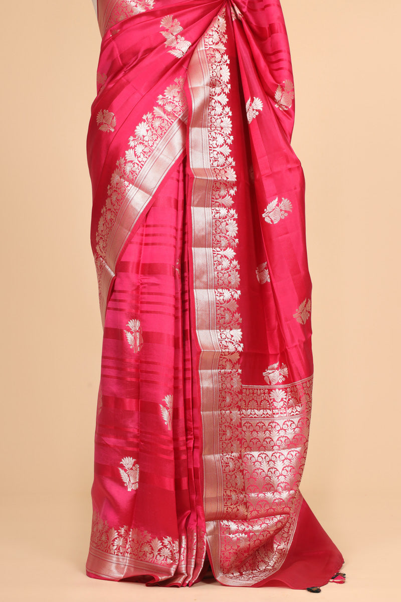 Hot Pink Pure Soft Silk Saree with Floral Zari Border