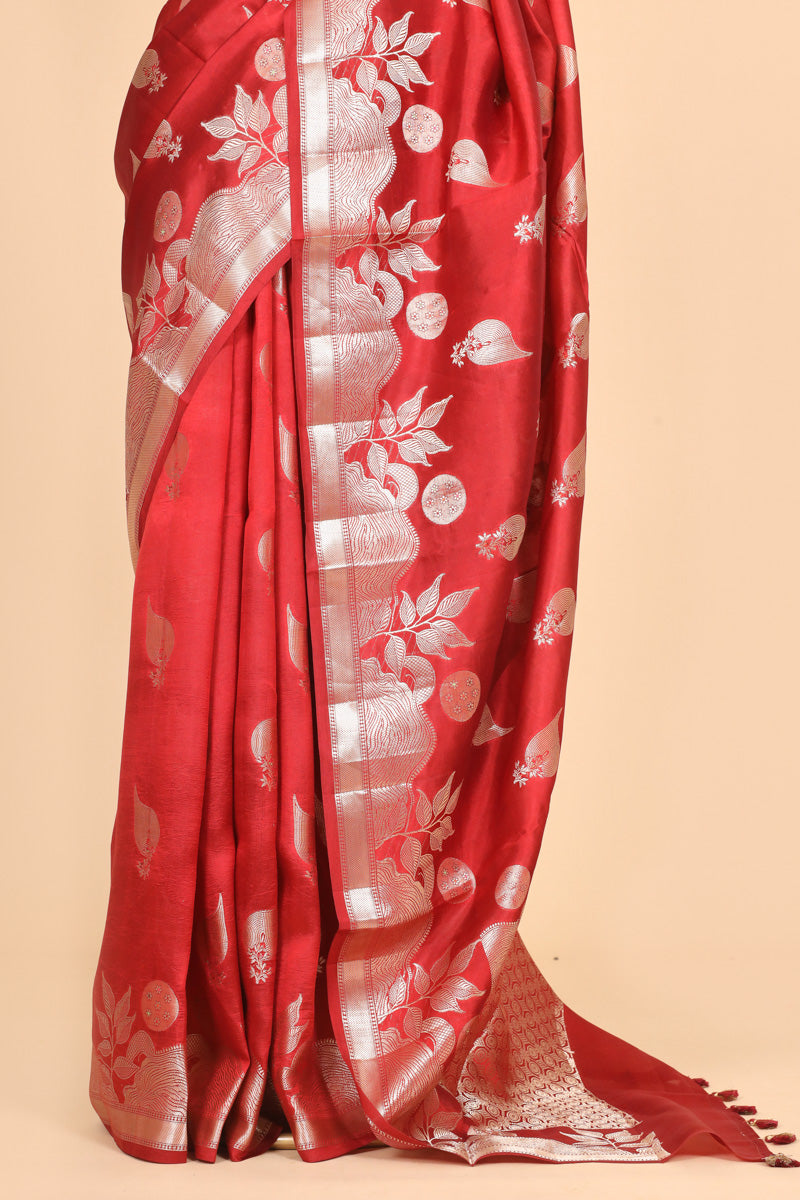 Red Pure Soft Silk Saree with Zari Leaf Motifs