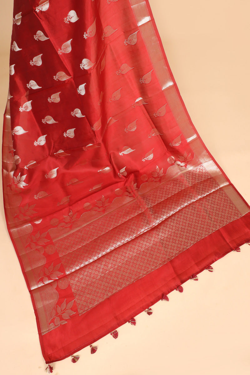 Red Pure Soft Silk Saree with Zari Leaf Motifs