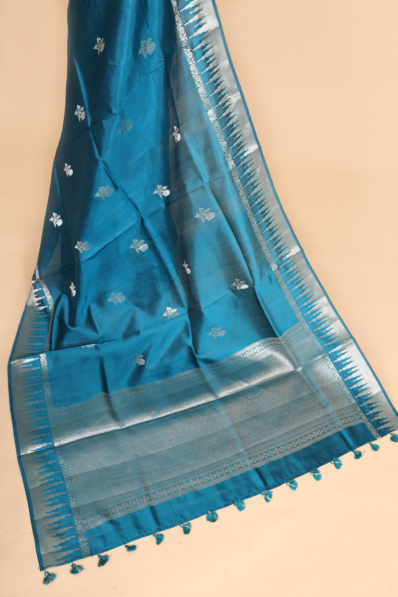 Teal Blue Pure Soft Silk Saree with Geometric Zari Border