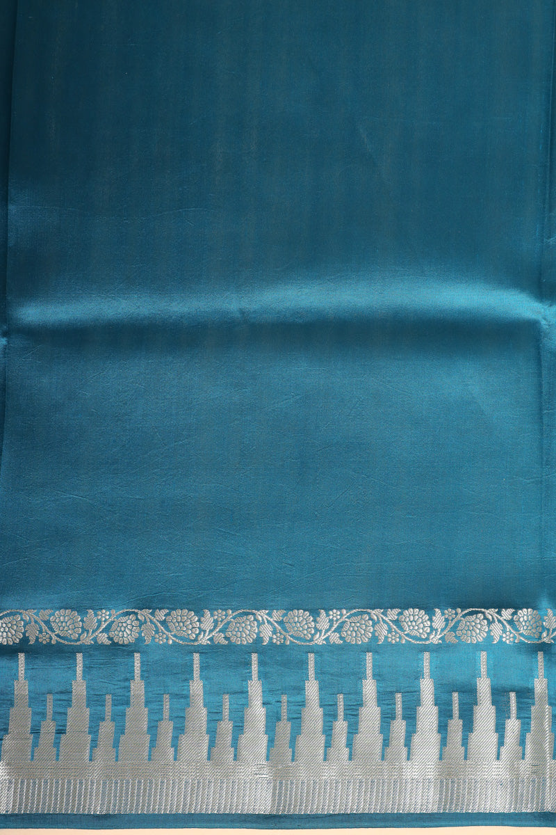 Teal Blue Pure Soft Silk Saree with Geometric Zari Border