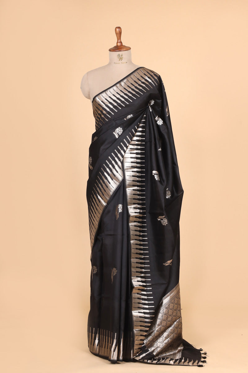 Black Pure Soft Silk Saree with Geometric Zari Border