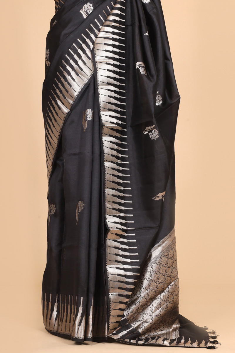 Black Pure Soft Silk Saree with Geometric Zari Border