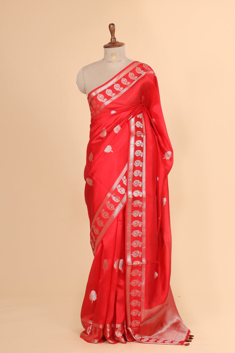 Vibrant Red Pure Soft Silk Saree with Booti Zari Border