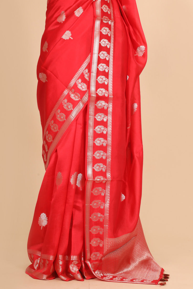 Vibrant Red Pure Soft Silk Saree with Booti Zari Border