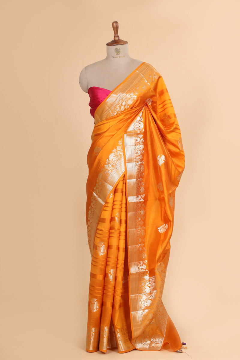Mustard Yellow Pure Soft Silk Saree with Floral Zari Border