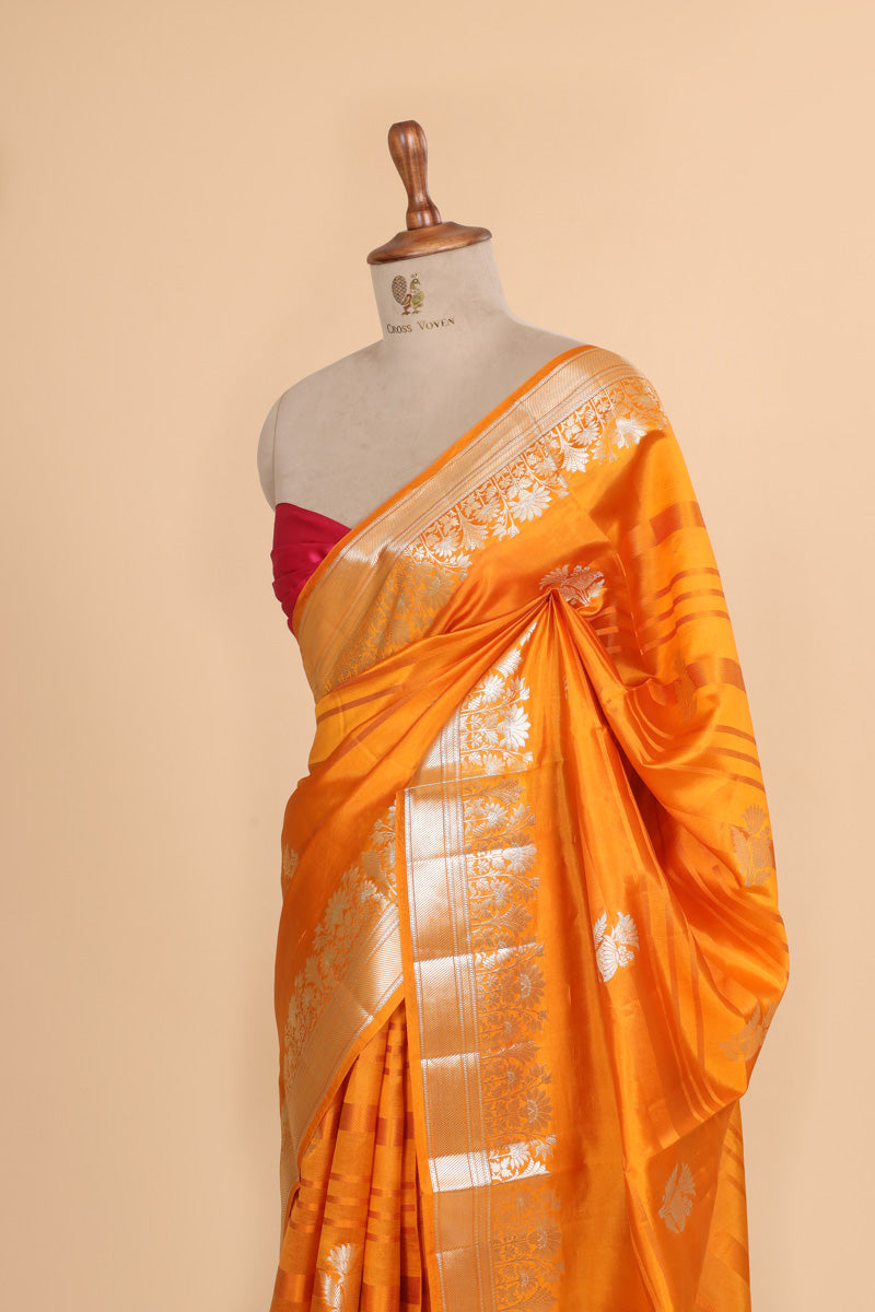 Mustard Yellow Pure Soft Silk Saree with Floral Zari Border