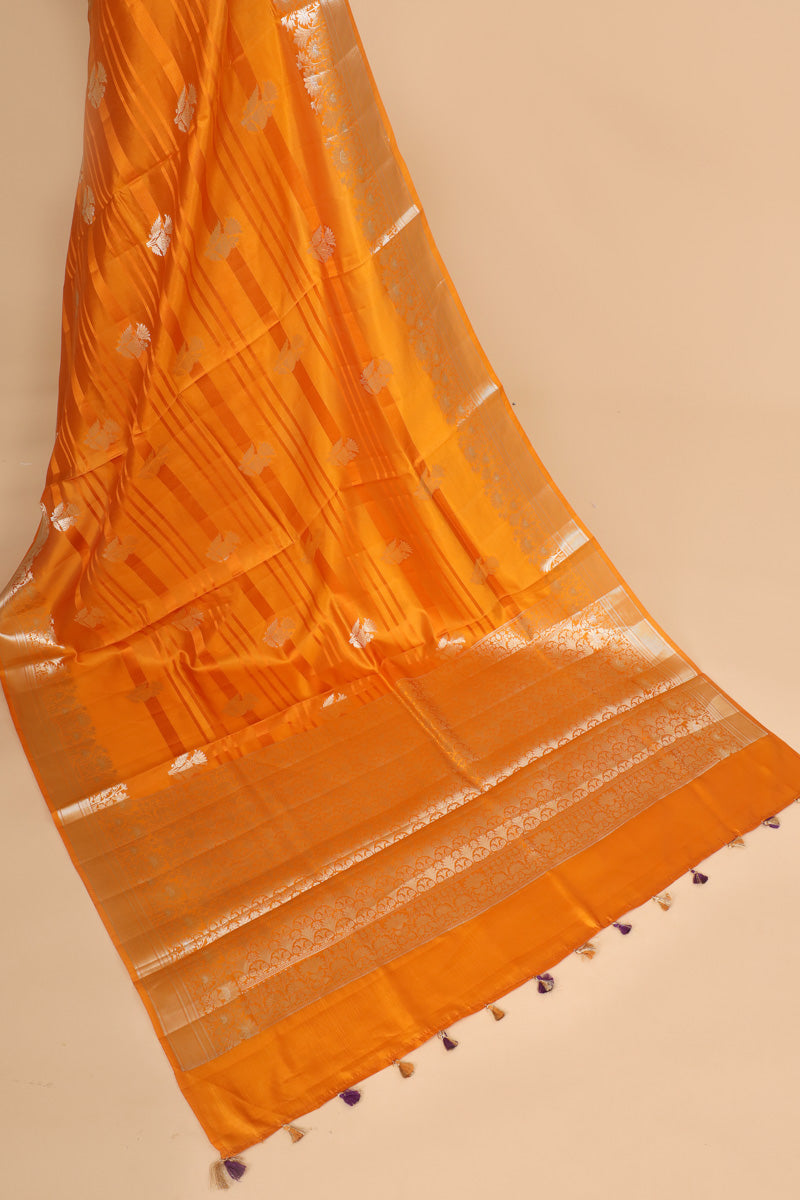 Mustard Yellow Pure Soft Silk Saree with Floral Zari Border