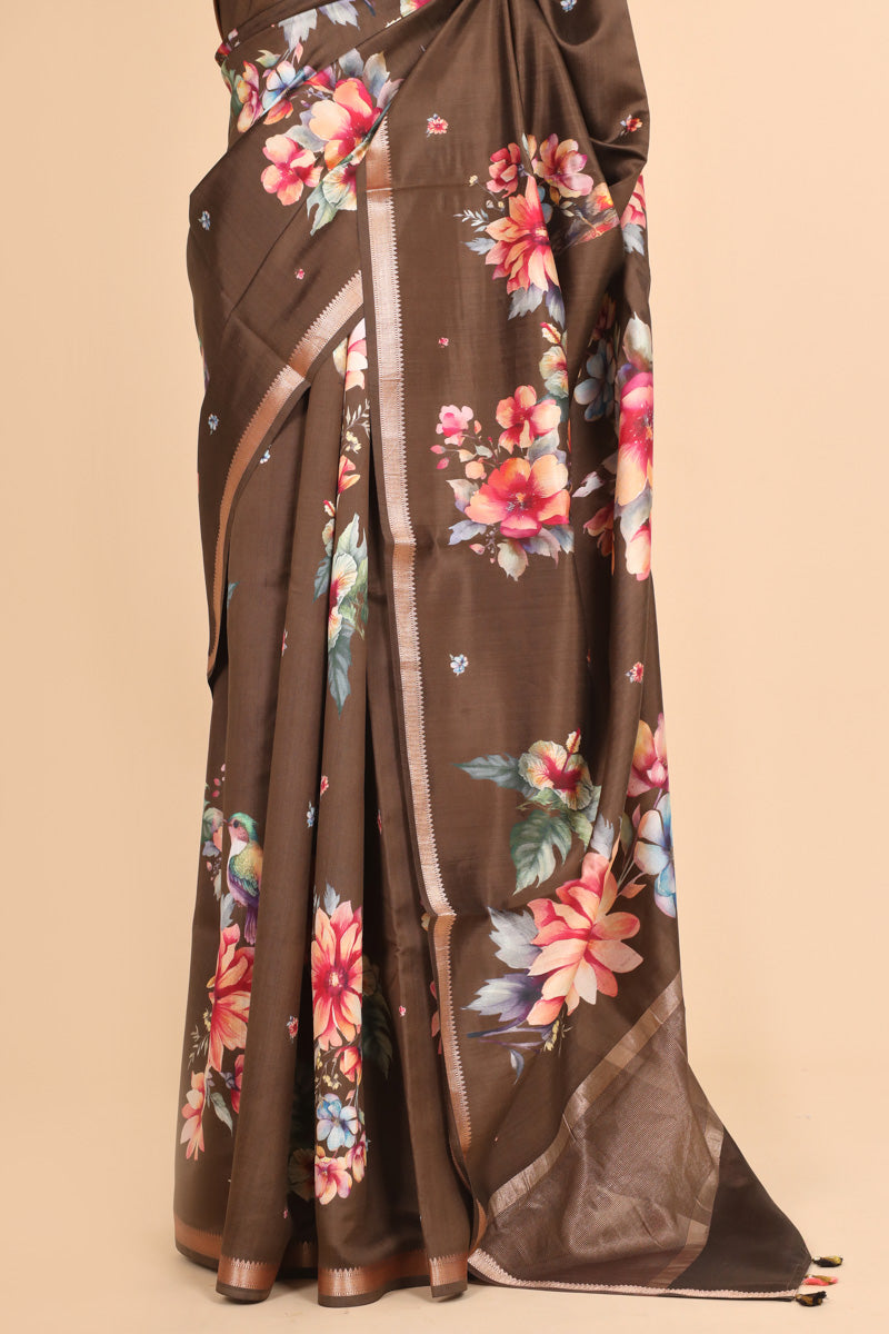 Chocolate Brown Pure Chiniya Silk Saree with Multicolour Floral Print