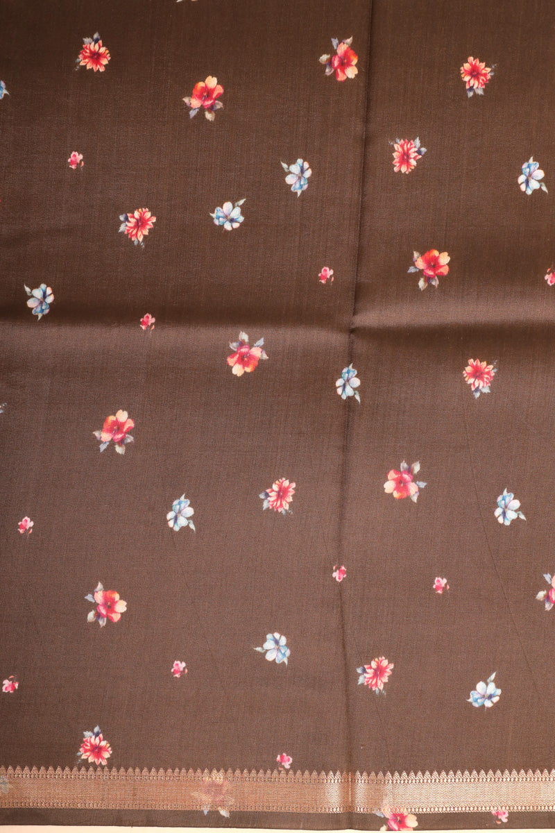Chocolate Brown Pure Chiniya Silk Saree with Multicolour Floral Print