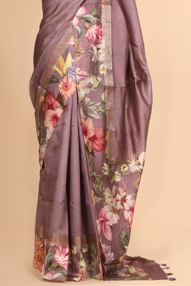 Mauve Purple Pure Chiniya Silk Saree with Floral Printed Pallu