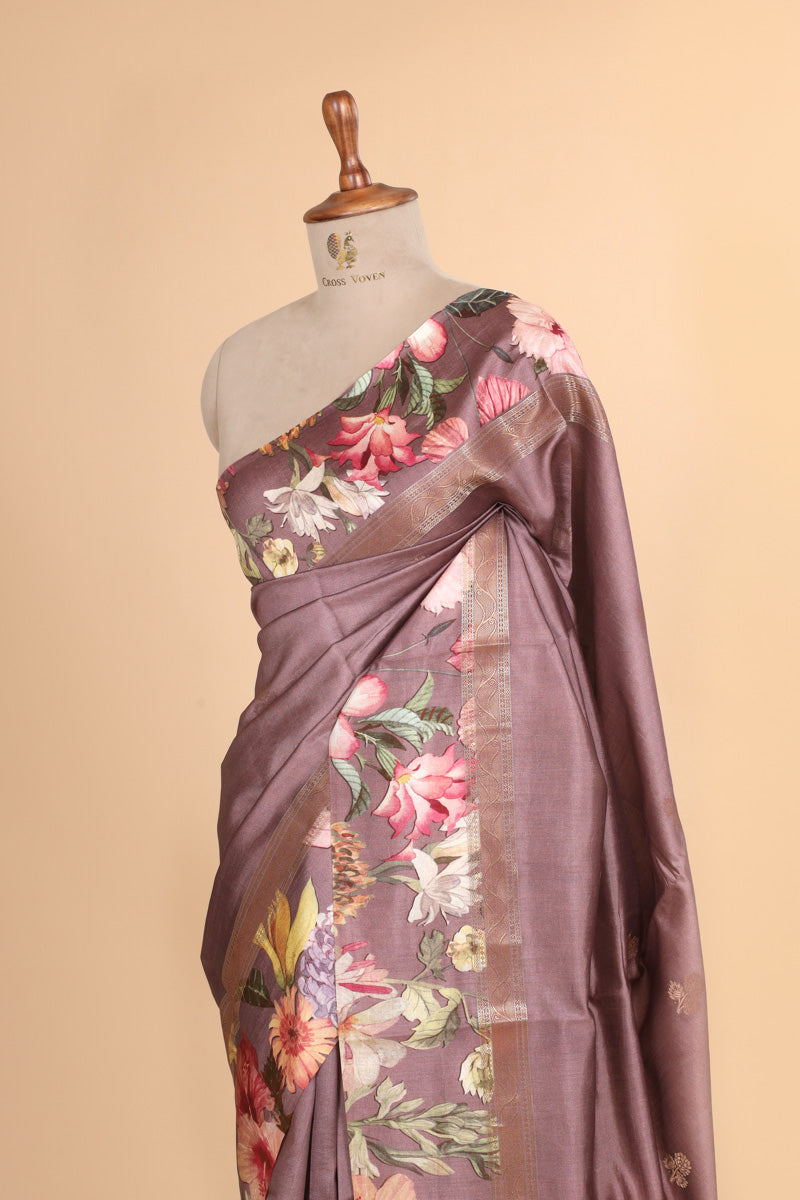Mauve Purple Pure Chiniya Silk Saree with Floral Printed Pallu