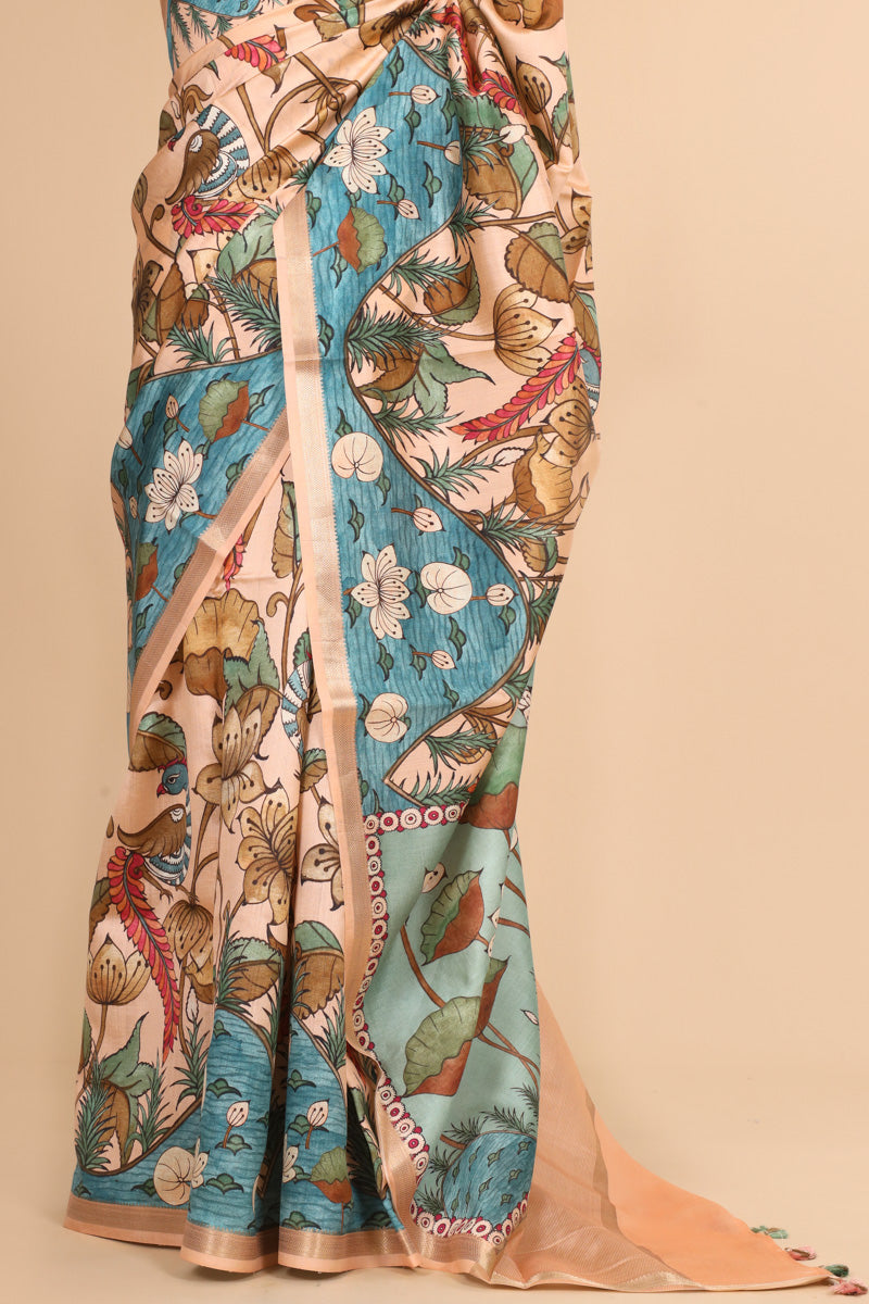 Aqua Blue & Peach Pure Chiniya Silk Saree with Floral Printed Border