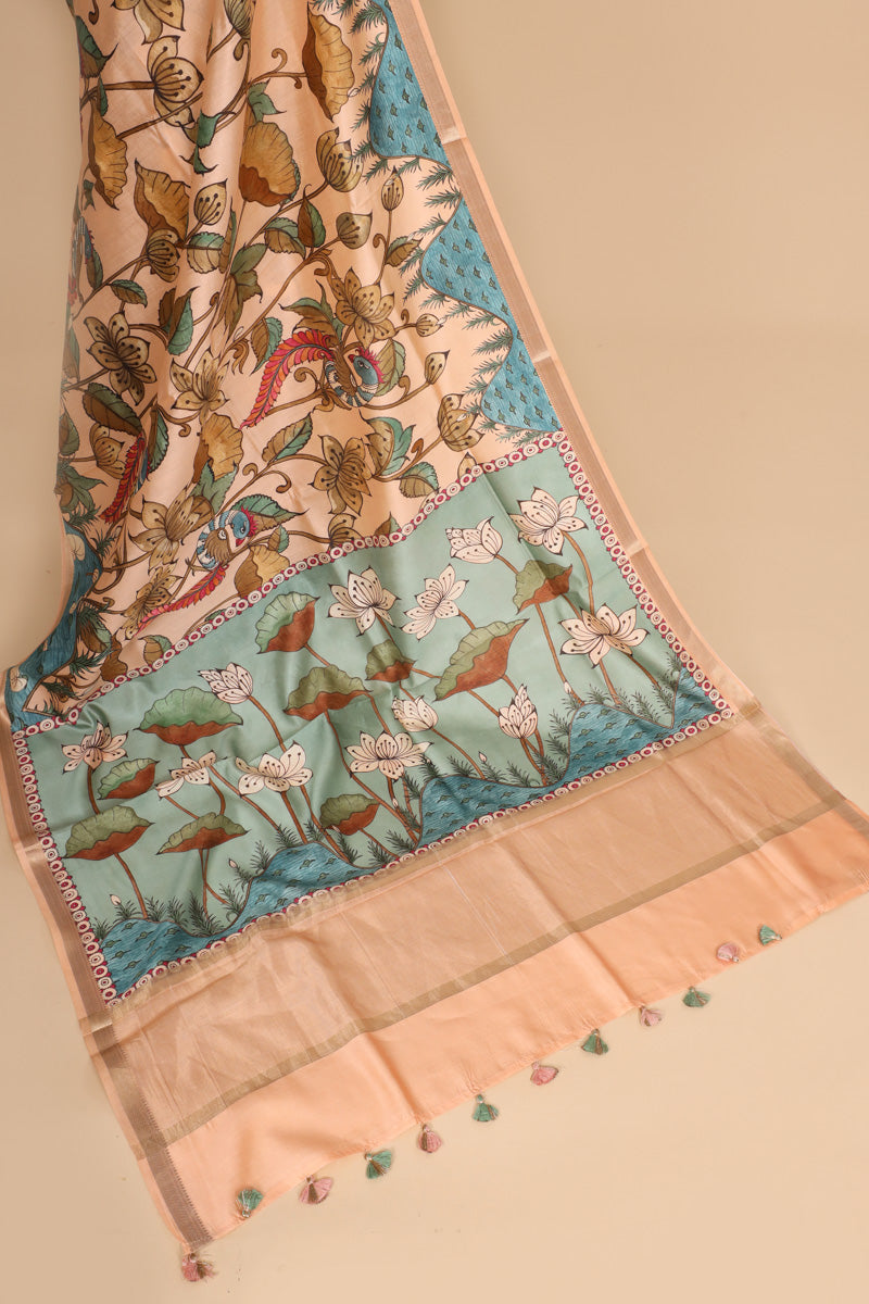 Aqua Blue & Peach Pure Chiniya Silk Saree with Floral Printed Border
