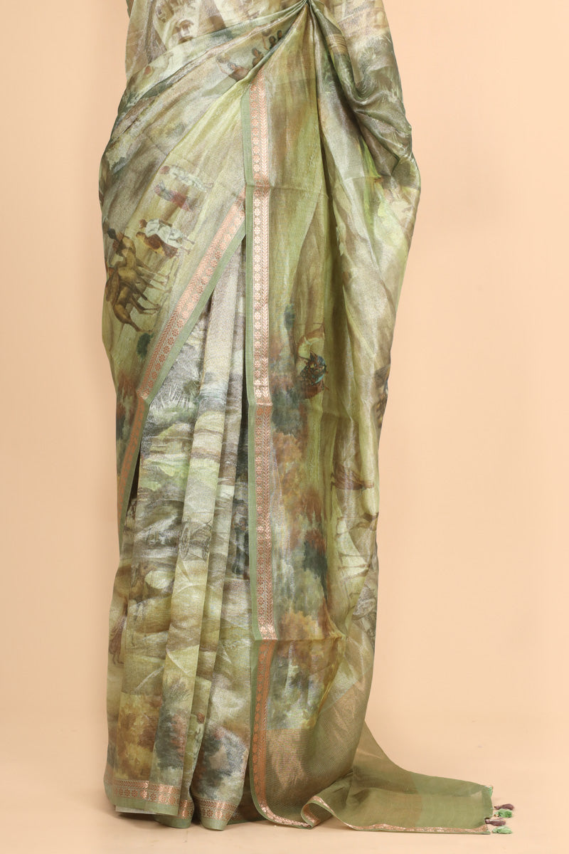 Olive Green Pure Soft Tissue Printed Saree