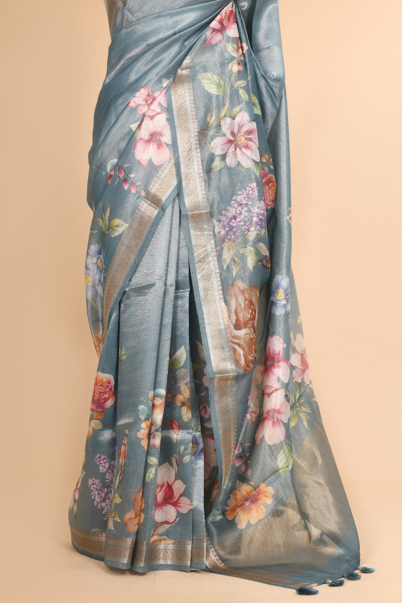 Dusty Blue Pure Soft Tissue Multicolor Floral Pichwai Printed Saree