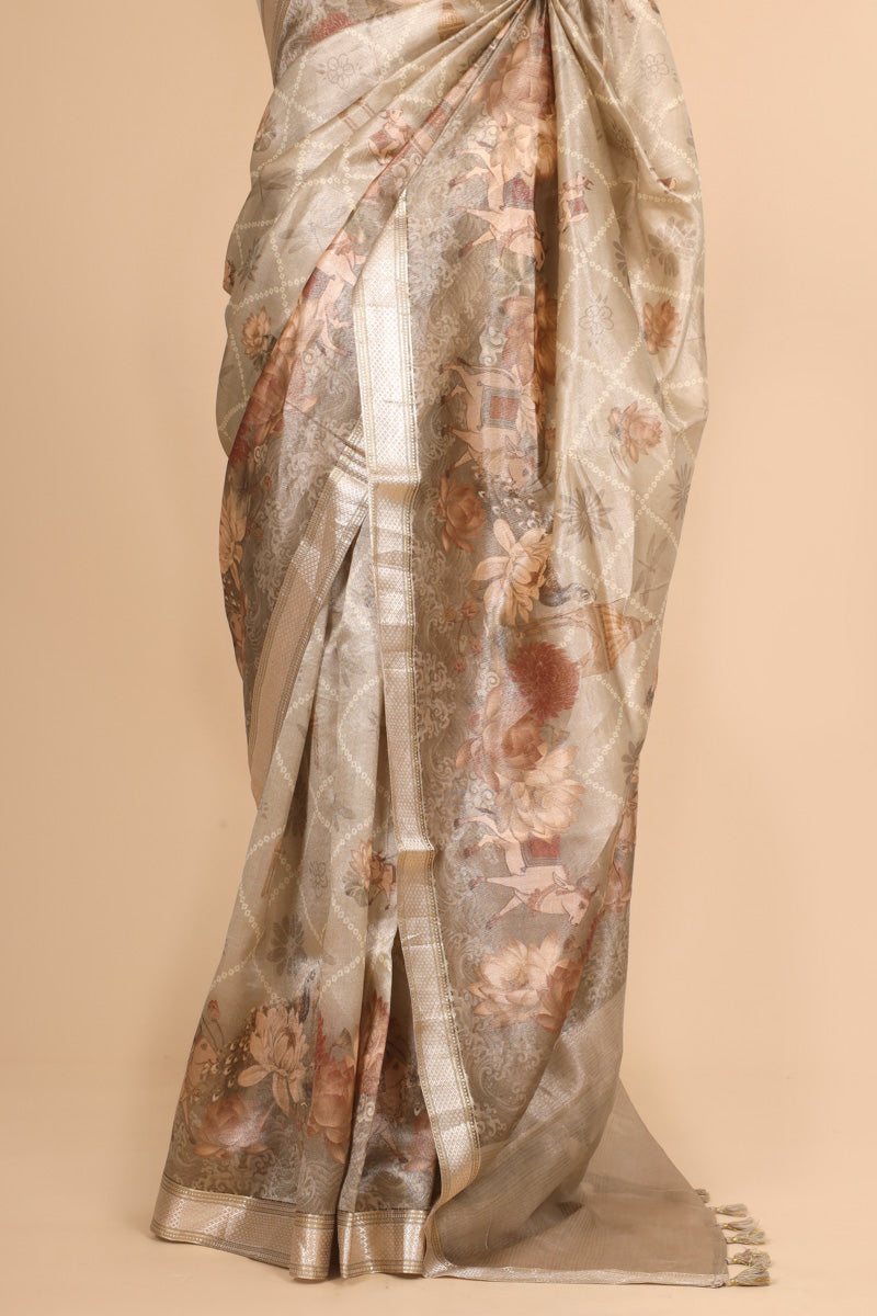 Champagne Beige Pure Soft Tissue Floral Pichwai Printed Saree