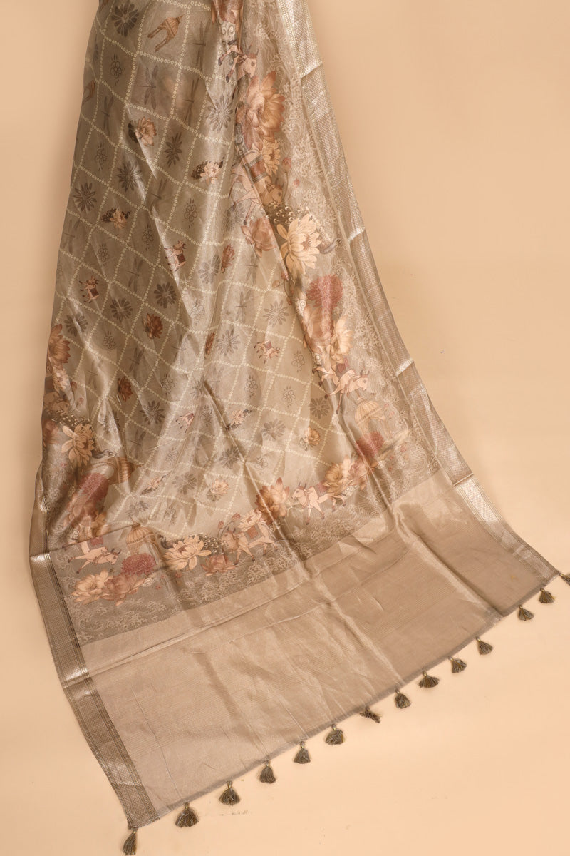 Champagne Beige Pure Soft Tissue Floral Pichwai Printed Saree