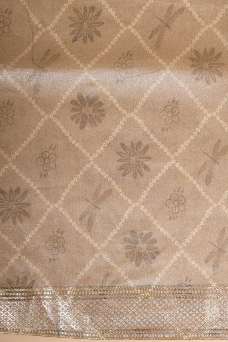 Champagne Beige Pure Soft Tissue Floral Pichwai Printed Saree