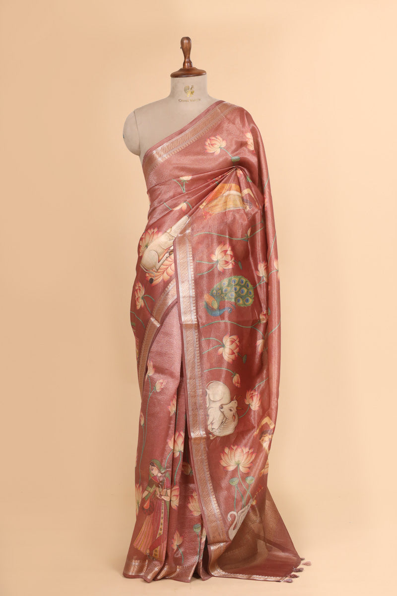 Rose Pink Pure Soft Tissue Floral Pichwai Printed Saree
