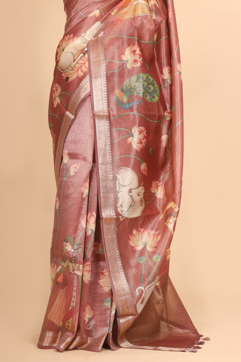 Rose Pink Pure Soft Tissue Floral Pichwai Printed Saree