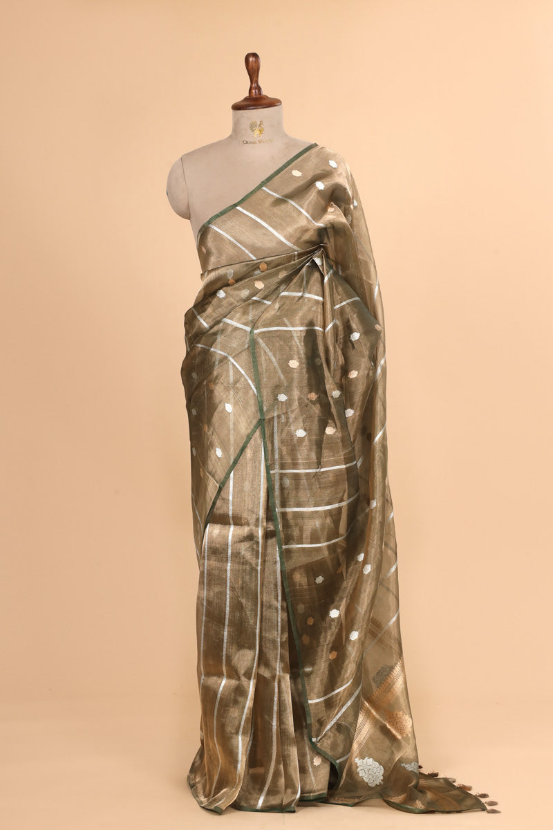 Olive Green Pure Tissue Silk Booti with Stripe Saree