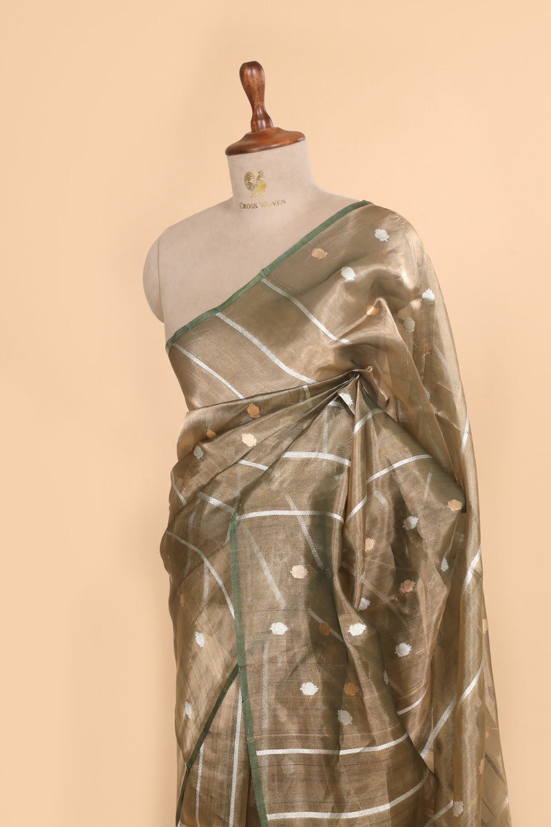 Olive Green Pure Tissue Silk Booti with Stripe Saree
