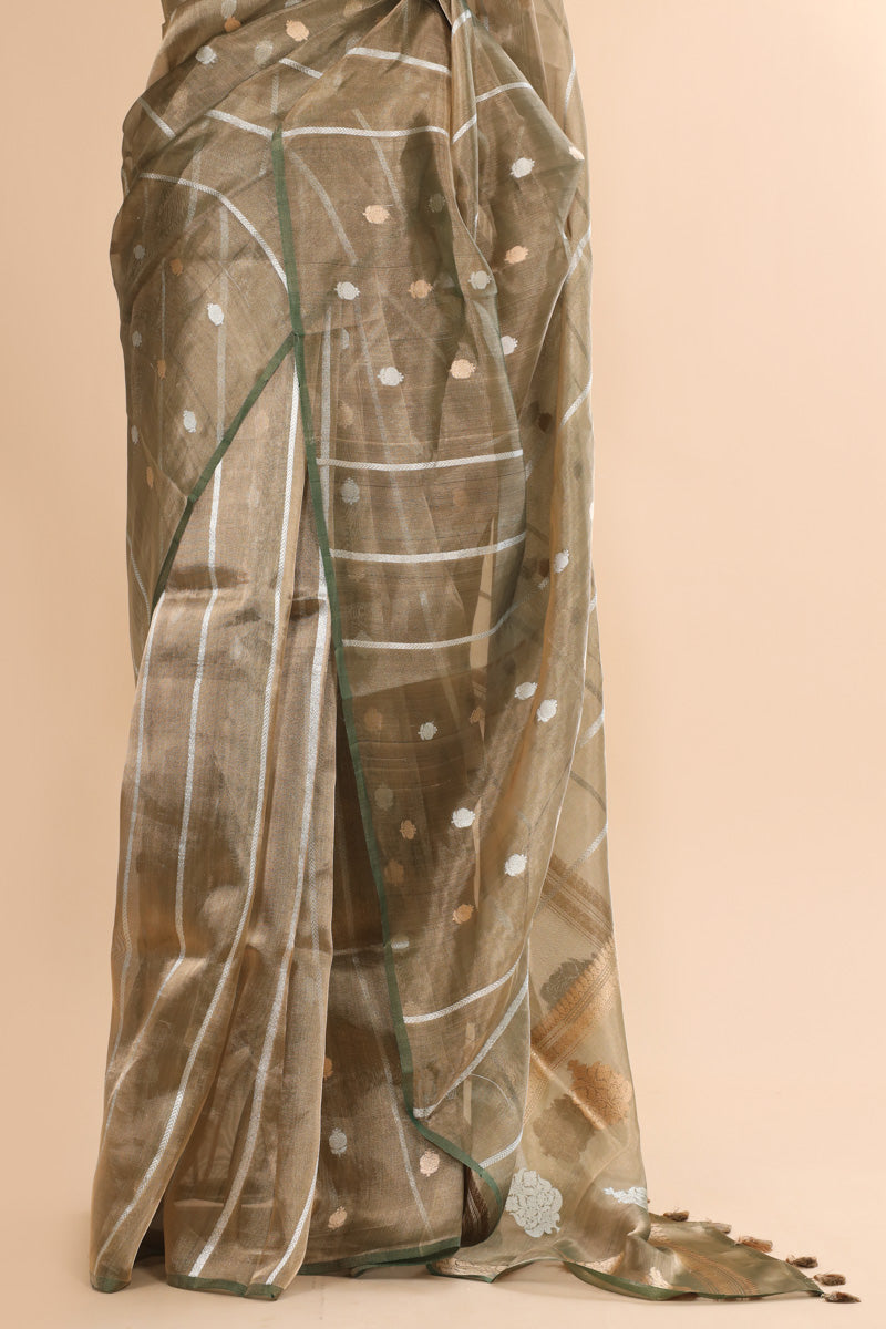 Olive Green Pure Tissue Silk Booti with Stripe Saree