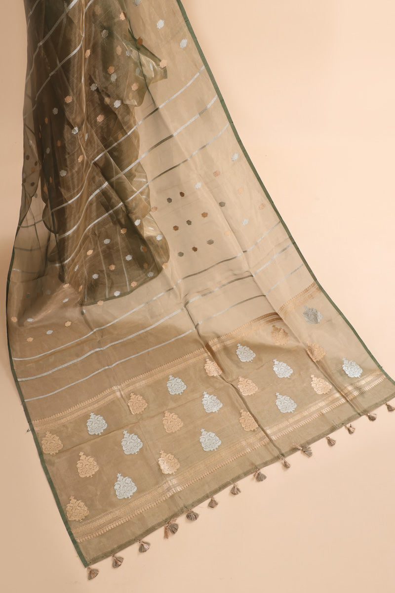 Olive Green Pure Tissue Silk Booti with Stripe Saree