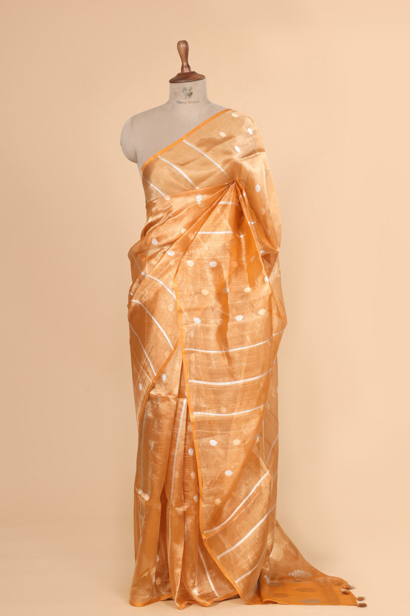 Golden Yellow Pure Tissue Silk Booti with Stripe Saree
