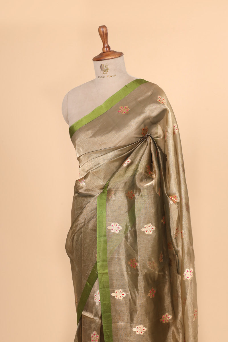 Olive Green Tissue Silk Saree with Meena Zari Floral Motifs