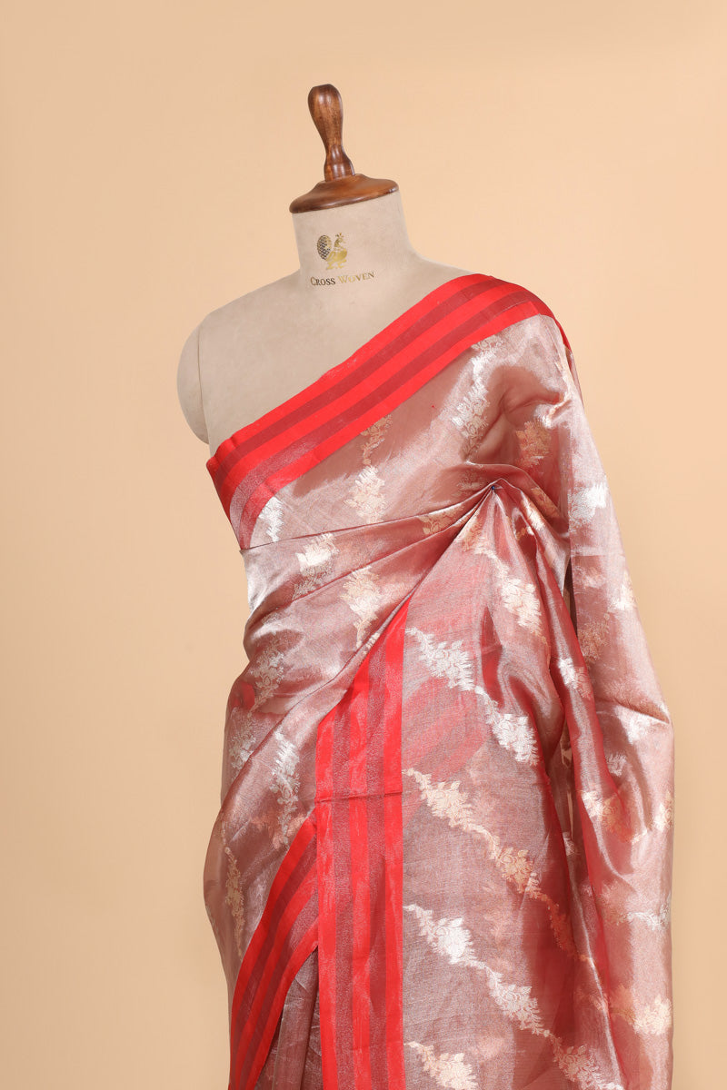 Red Pure Tissue Silk Satin Stripe Saree