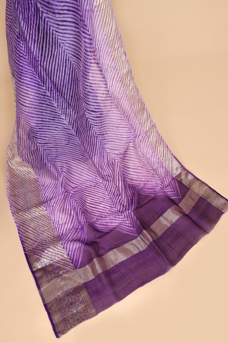 Purple Arashi Dye Organza Silk Saree with Silver Zari Border