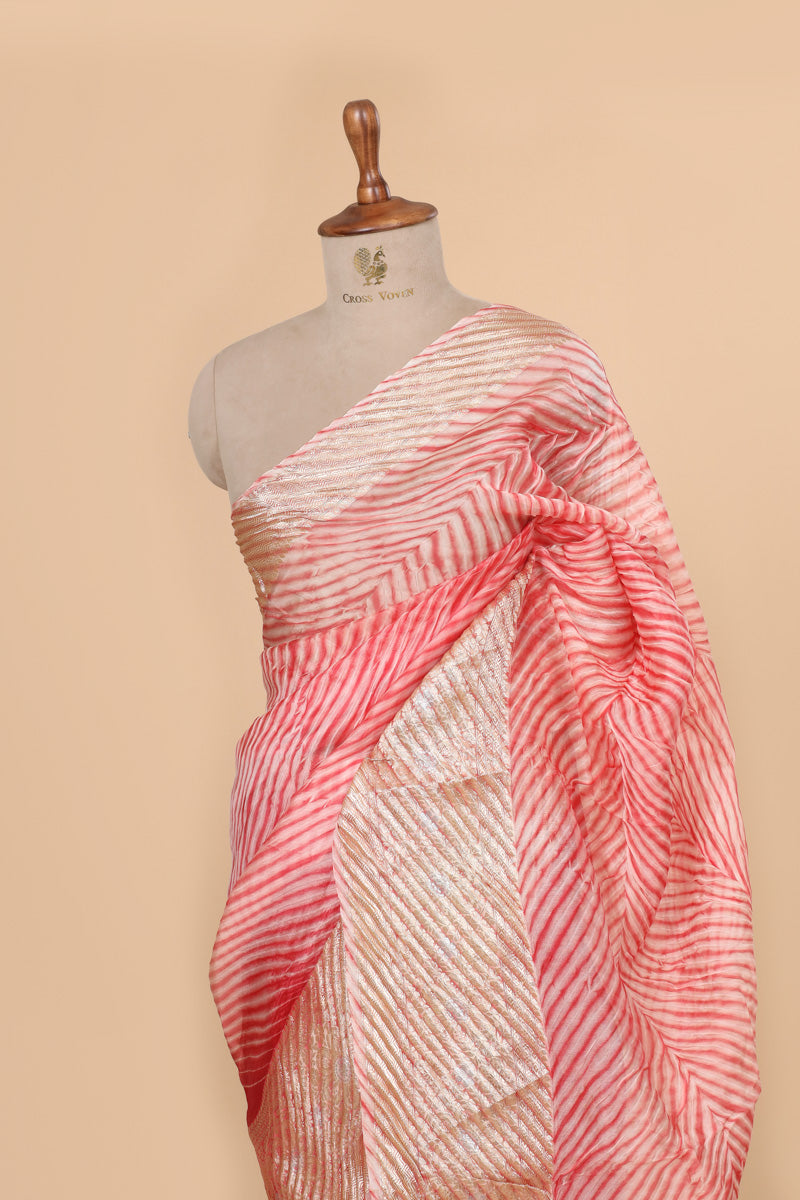Pink Arashi Dye Organza Silk Saree with Golden Zari Border