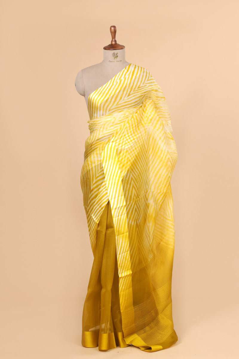 Mustard Yellow Arashi Dye Organza Silk Saree with Satin Border Border