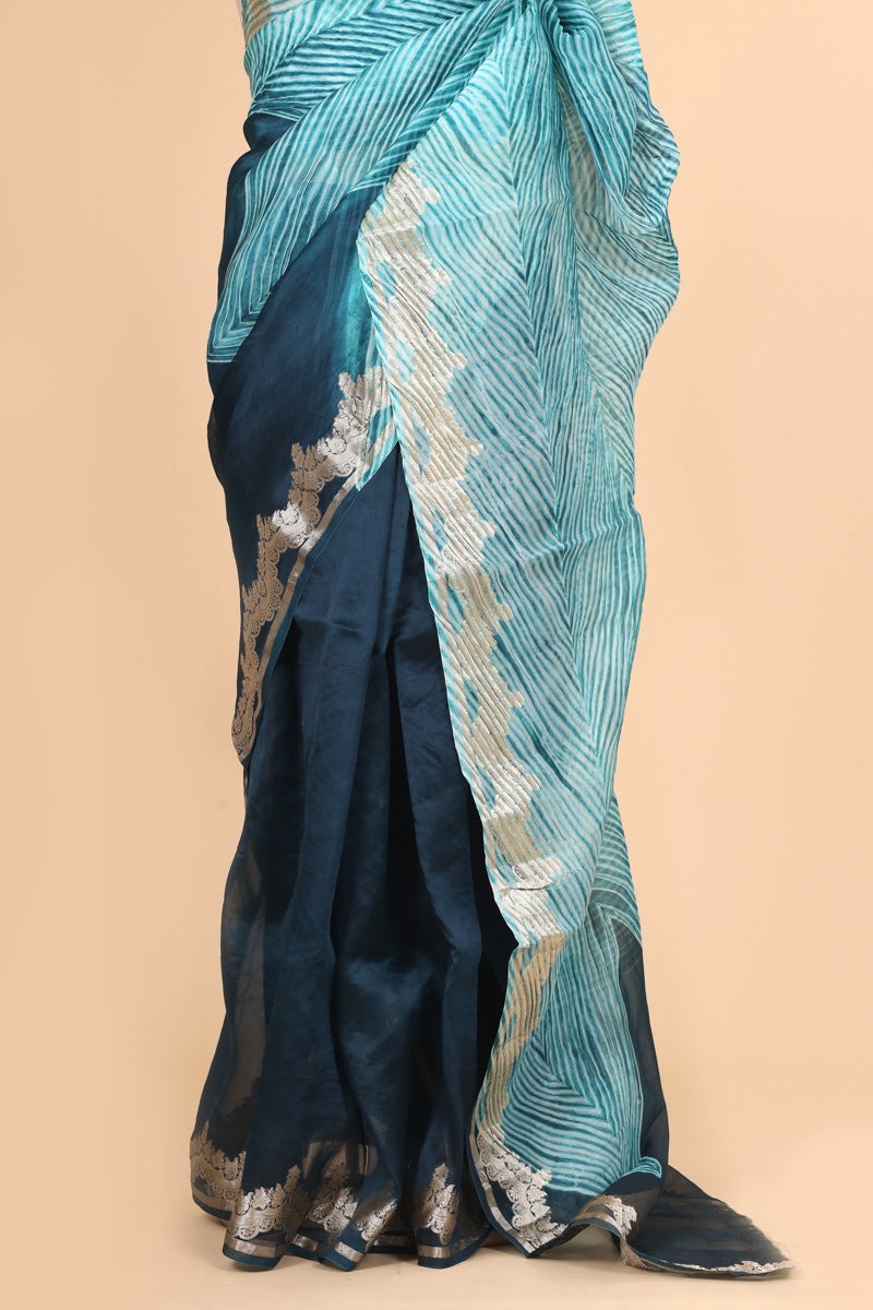 Aqua Blue Arashi Dye Organza Silk Saree with Silver Zari Border