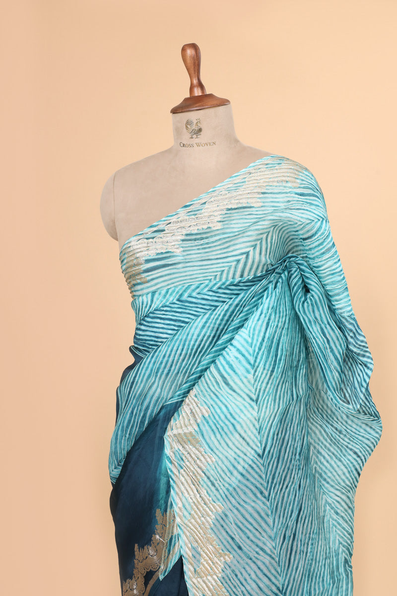 Aqua Blue Arashi Dye Organza Silk Saree with Silver Zari Border